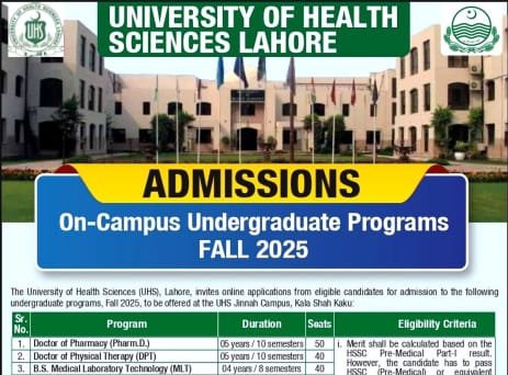 Admission open in University of health sciences Lahore.