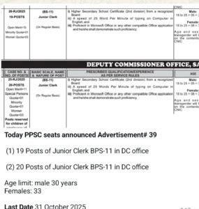 PPSC advertisement 39/2025 — Junior clerk (BS-11), Deputy Commissioner Office Sahiwal