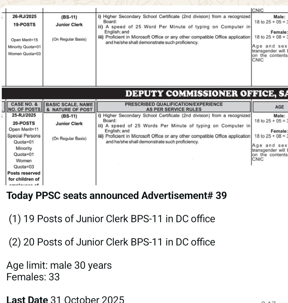 PPSC advertisement 39/2025 — Junior clerk (BS-11), Deputy Commissioner Office Sahiwal